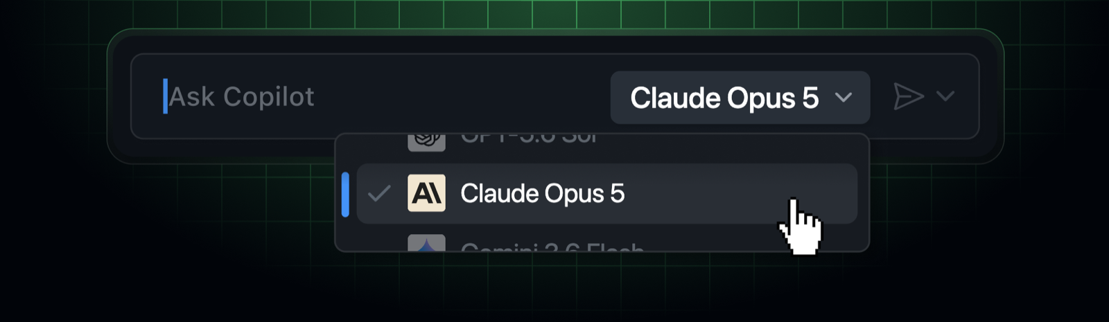 GitHub Copilot model picker with Claude Opus 5 selected.