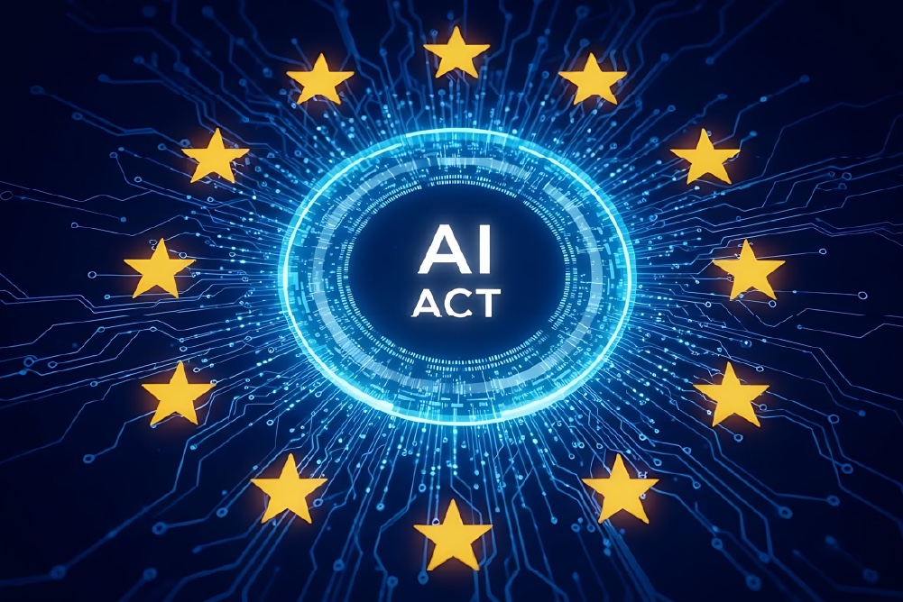 AI Act graphic encircled by twelve European Union stars.