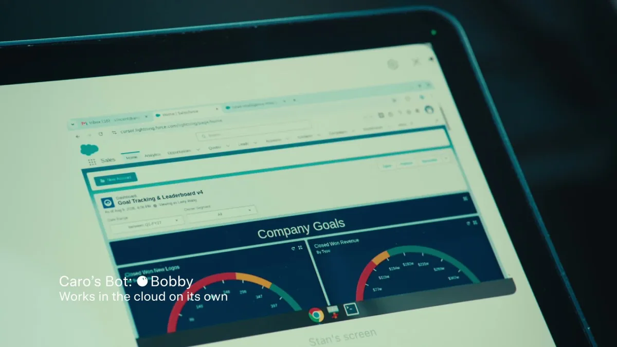 An official Grok Bot demo frame showing a named Bot working in a Salesforce dashboard on its cloud desktop.