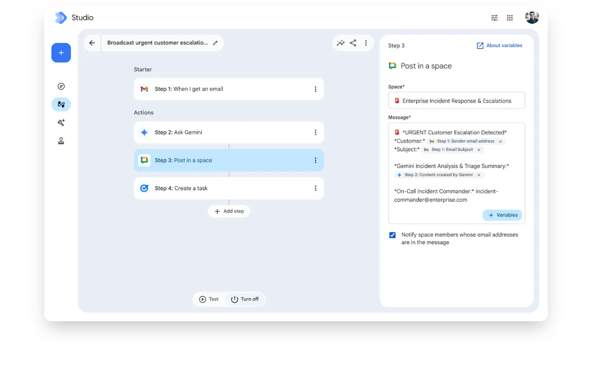 Google Workspace Studio showing a four-step incident workflow with visible Test and Turn off controls.