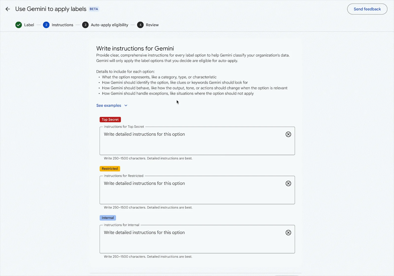 Google Admin console showing the instruction, auto-apply, and review flow for Gemini-based Drive labels.