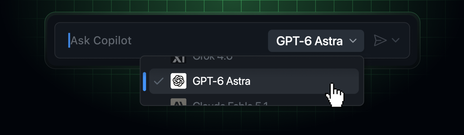 GitHub Copilot model picker with GPT-6 Astra selected