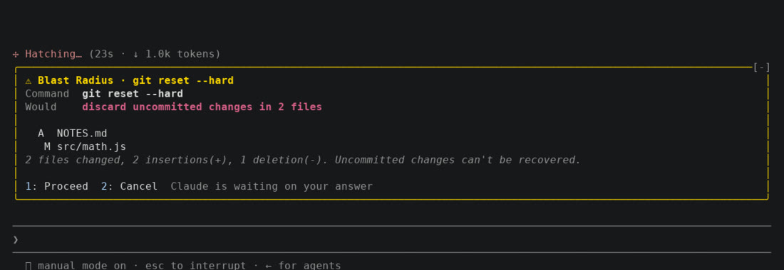 Anthropic's Blast Radius mod pauses a git reset command and shows two files that would lose changes
