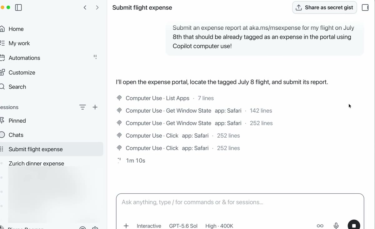 GitHub's demo of Copilot reading a Safari window and clicking through an expense-report task