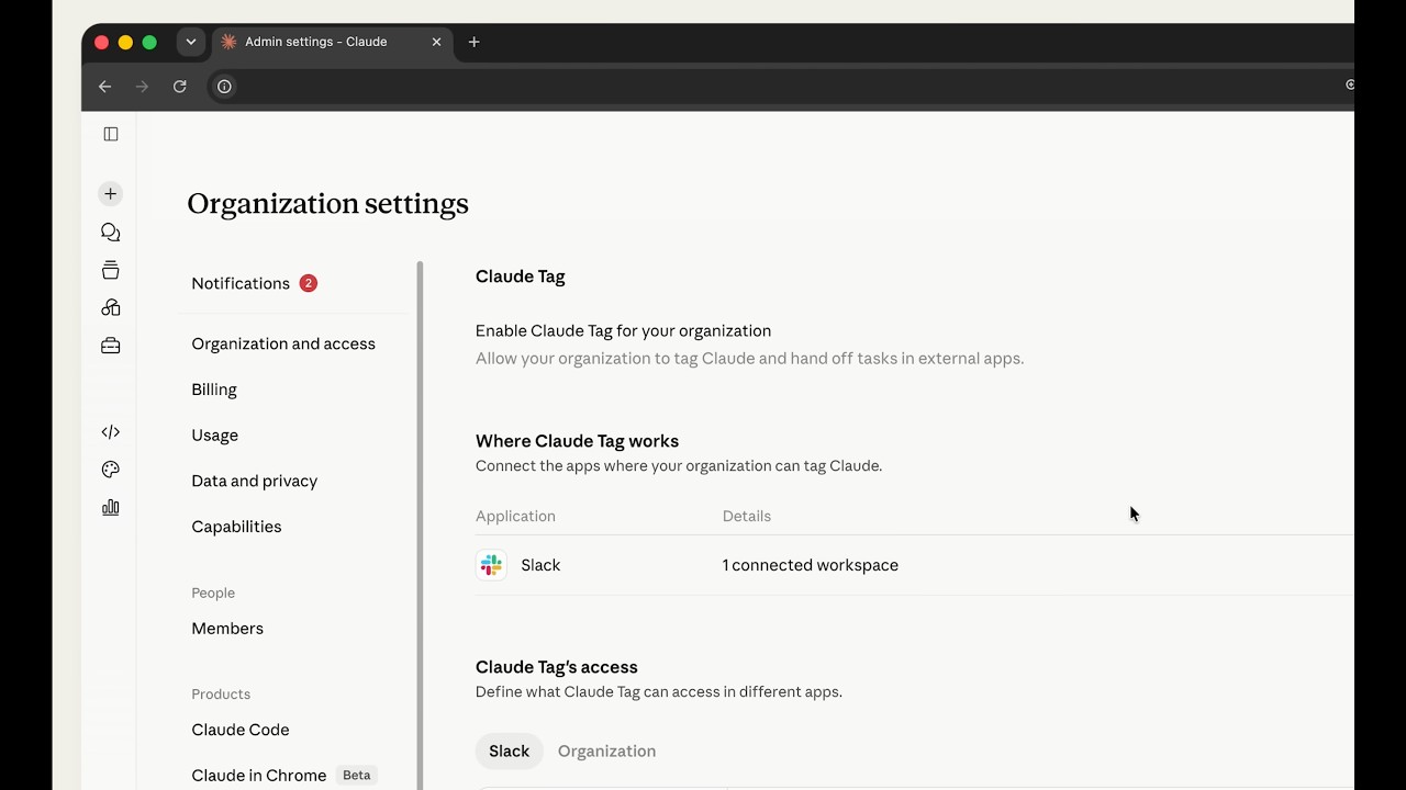 Anthropic demo showing Claude Tag organization settings connected to a Slack workspace.