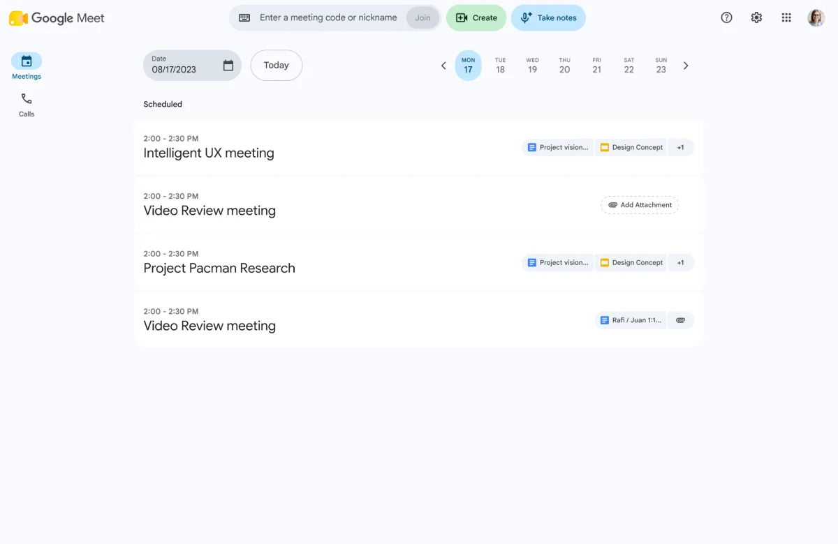 Google Meet home screen with a new Take notes button beside Create.