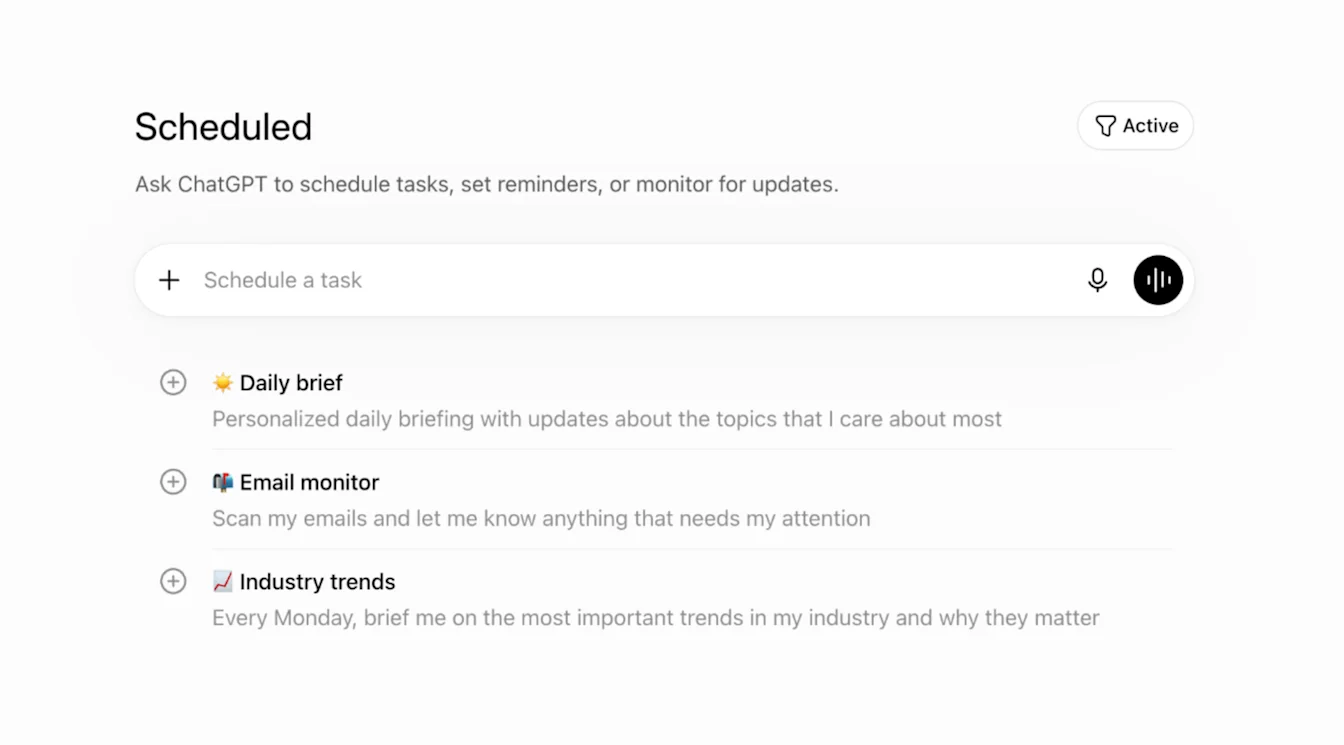 ChatGPT Scheduled showing task and monitoring examples with separate trigger, condition, and prompt fields.
