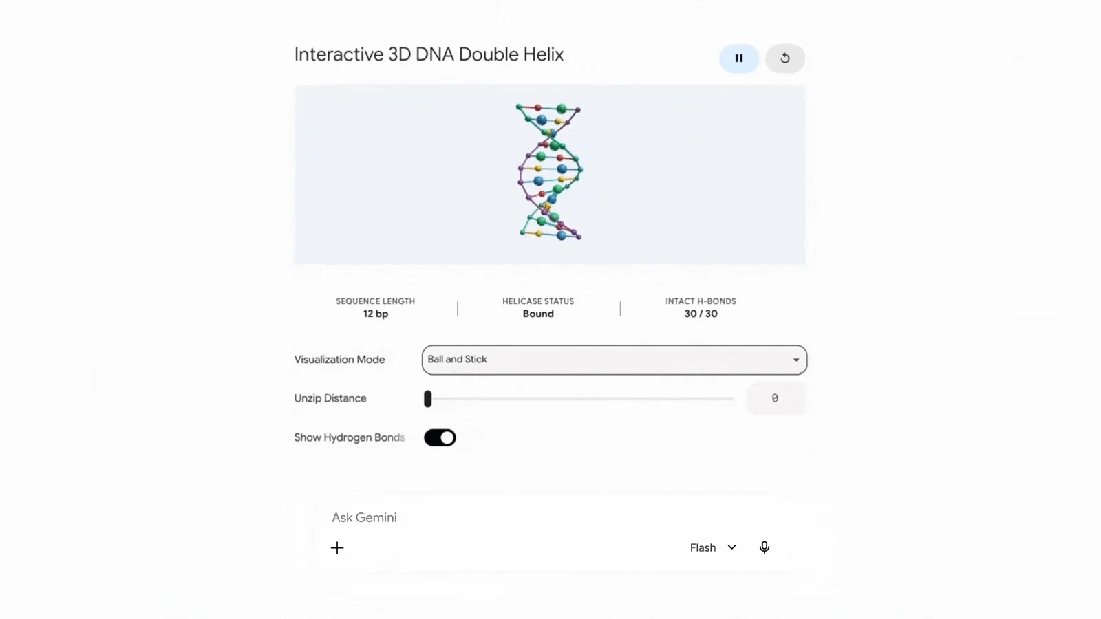 Gemini-generated interactive DNA model with visible controls for changing the simulation.