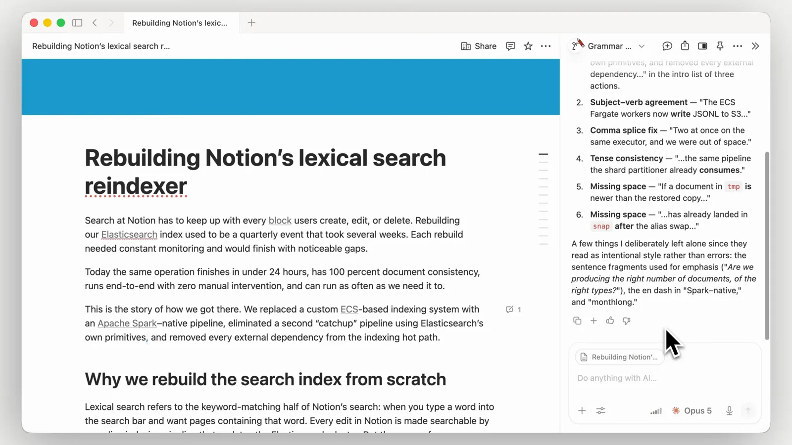 Notion Agent showing proposed line edits beside the original page for individual approval or rejection.