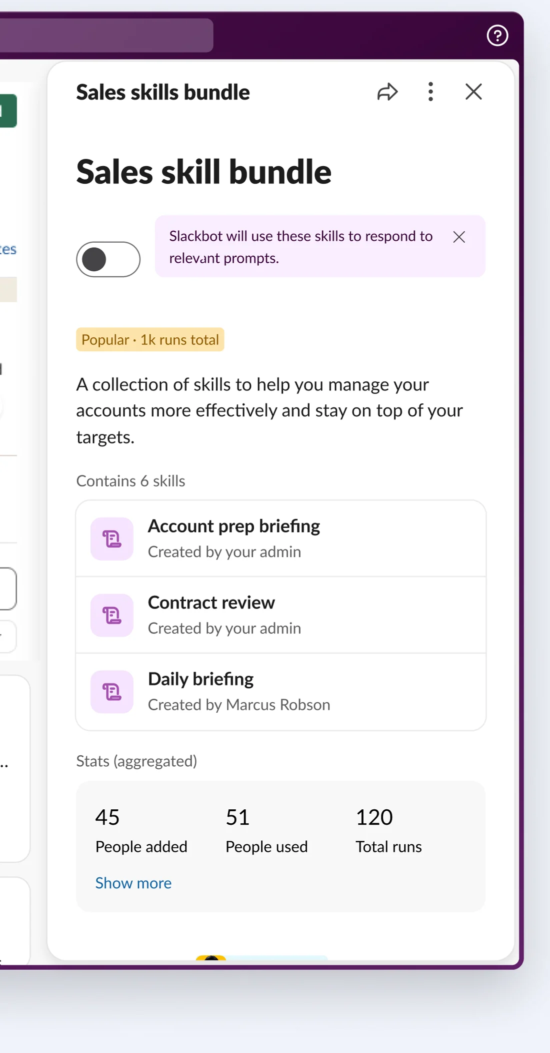 Slackbot Skill Sets screen showing a six-skill sales bundle, sharing controls, and aggregate usage.