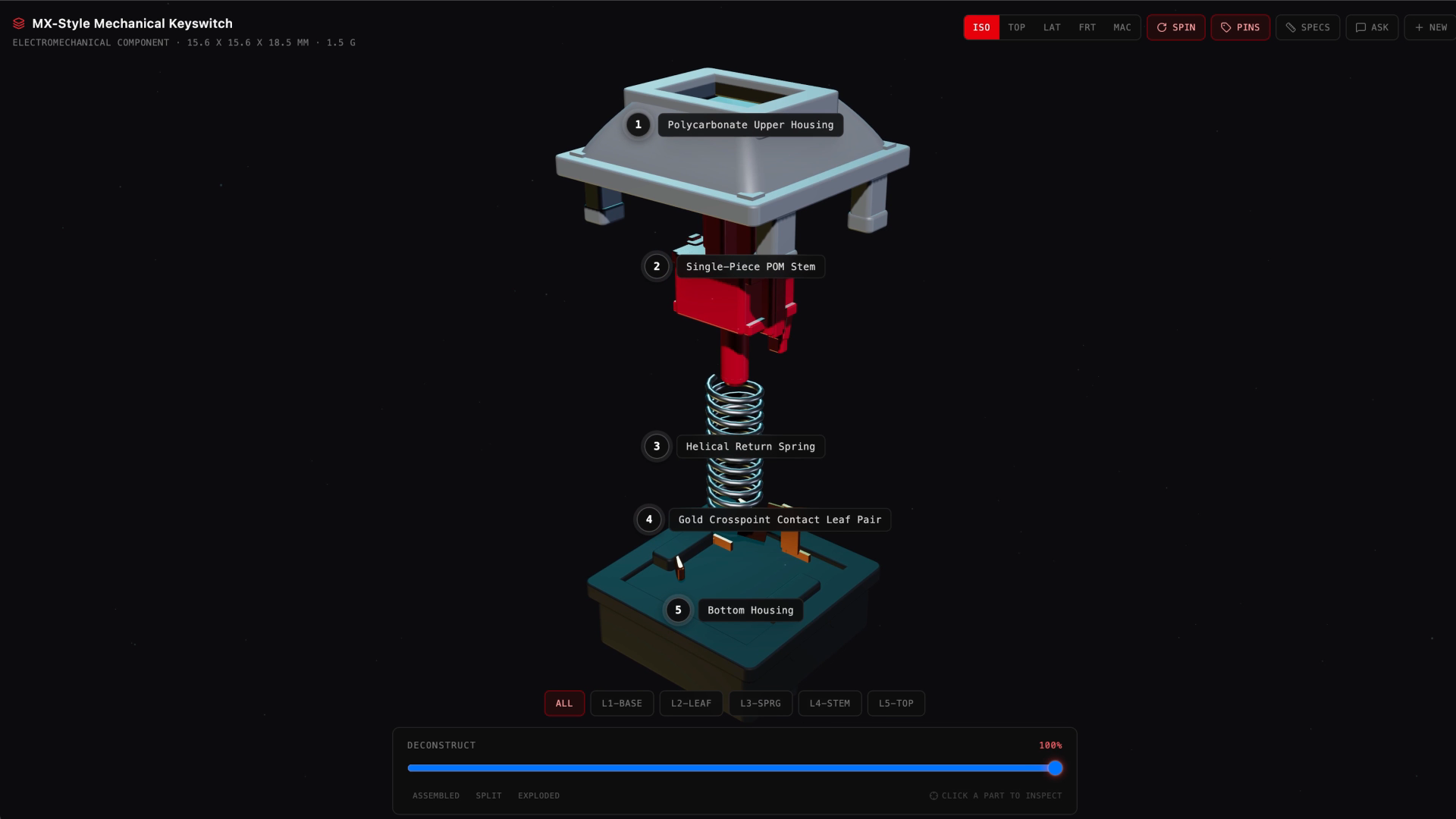 Google’s Hardware Anatomy demo showing an exploded keyboard switch with labeled parts and a slider