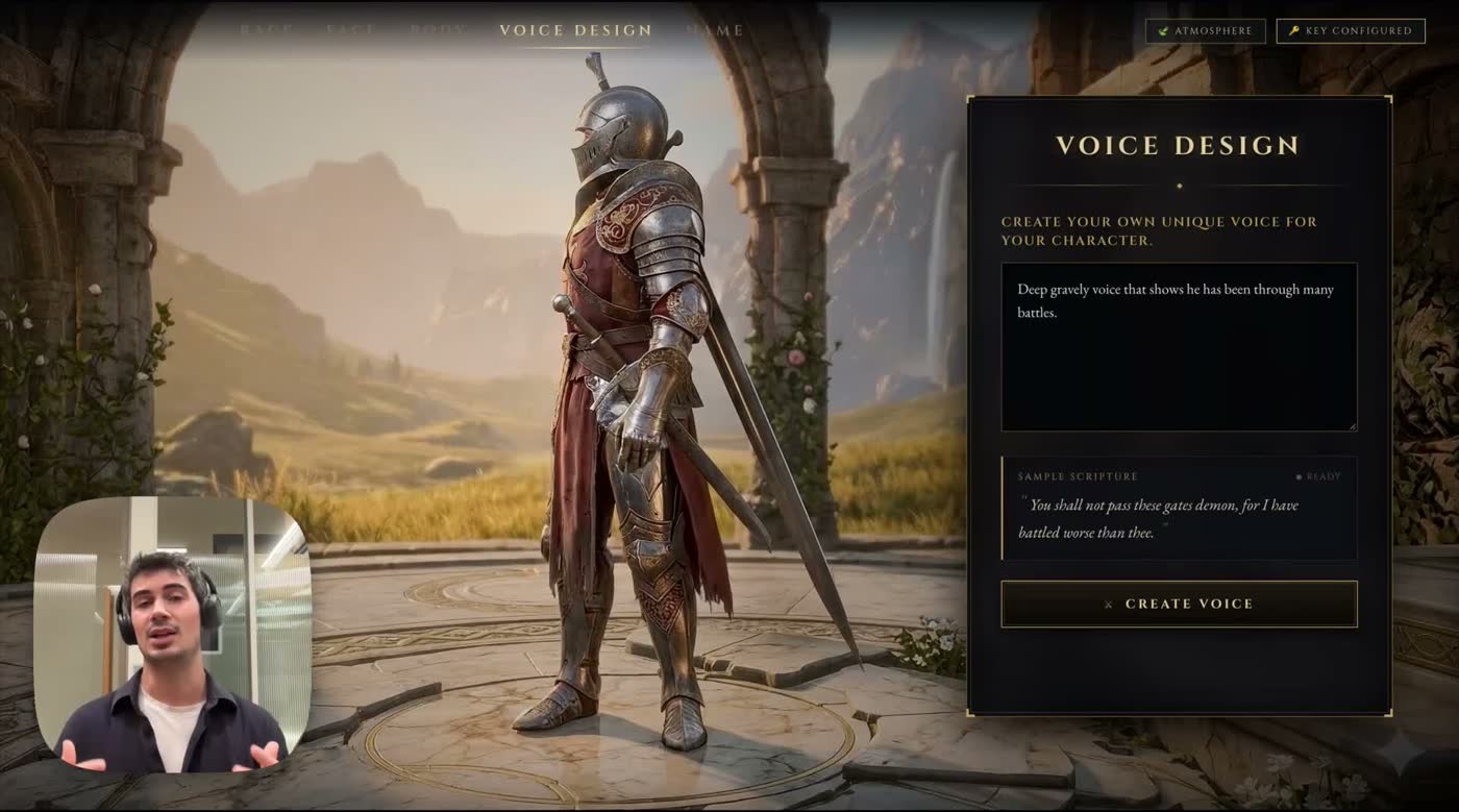 Frame from Google's Gemini TTS voice-design demonstration, showing a character and a written voice description