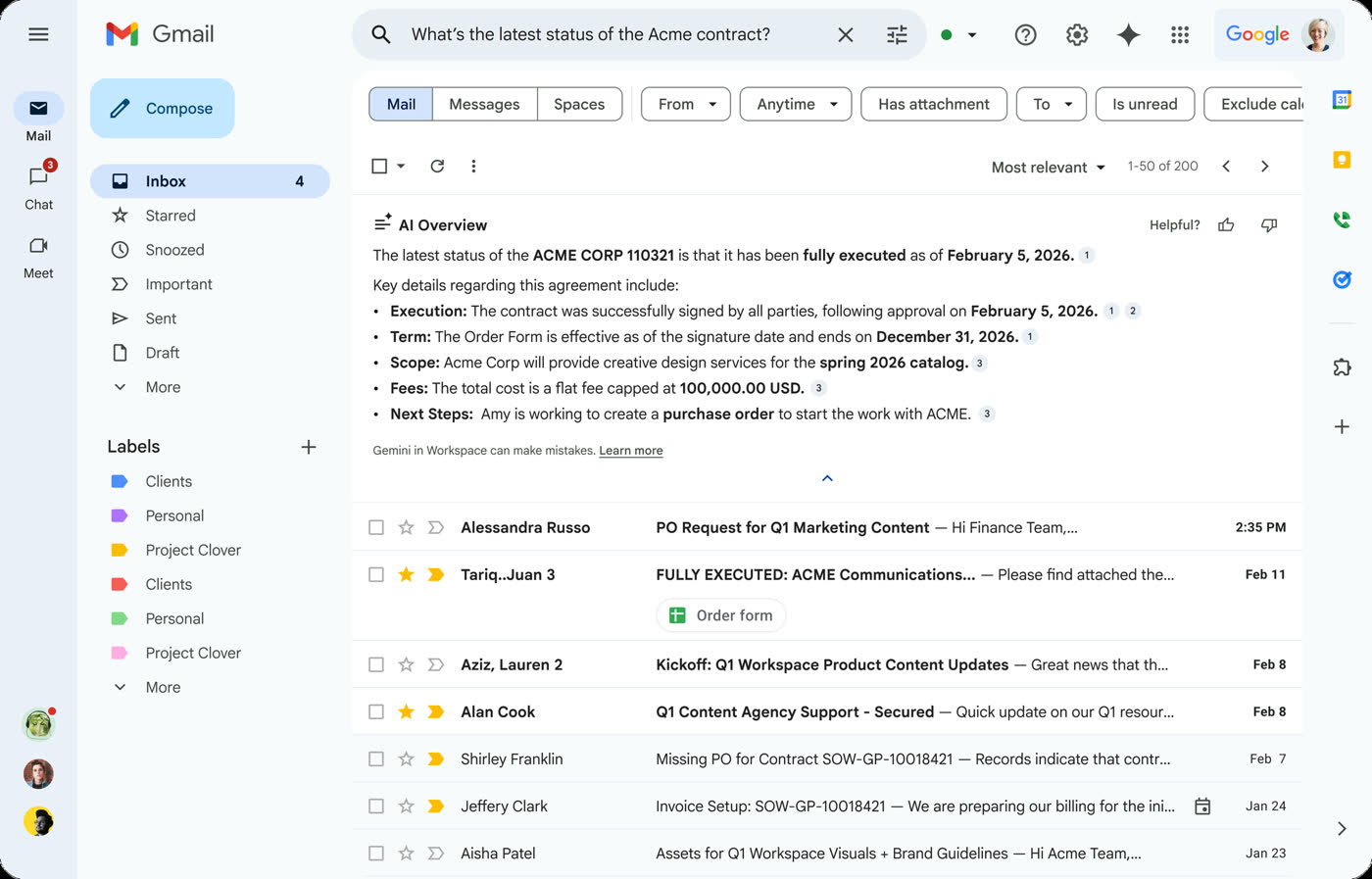 Official Gmail screenshot showing an AI Overview for a contract-status search with linked email citations