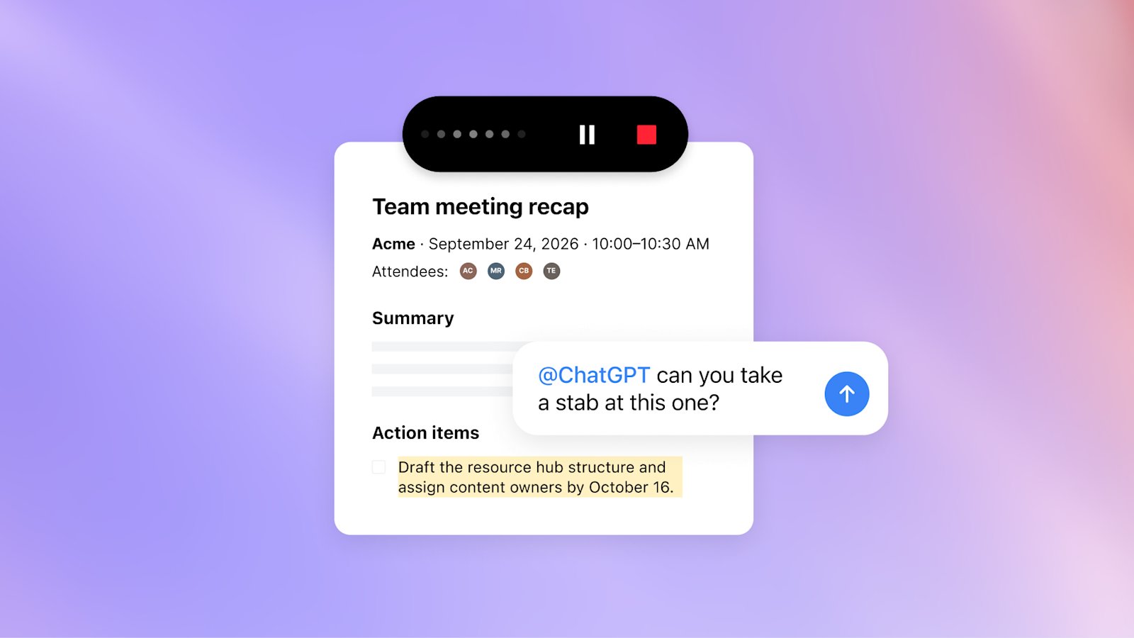 OpenAI Meetings release image showing a meeting recap, an action item, and an ask to ChatGPT