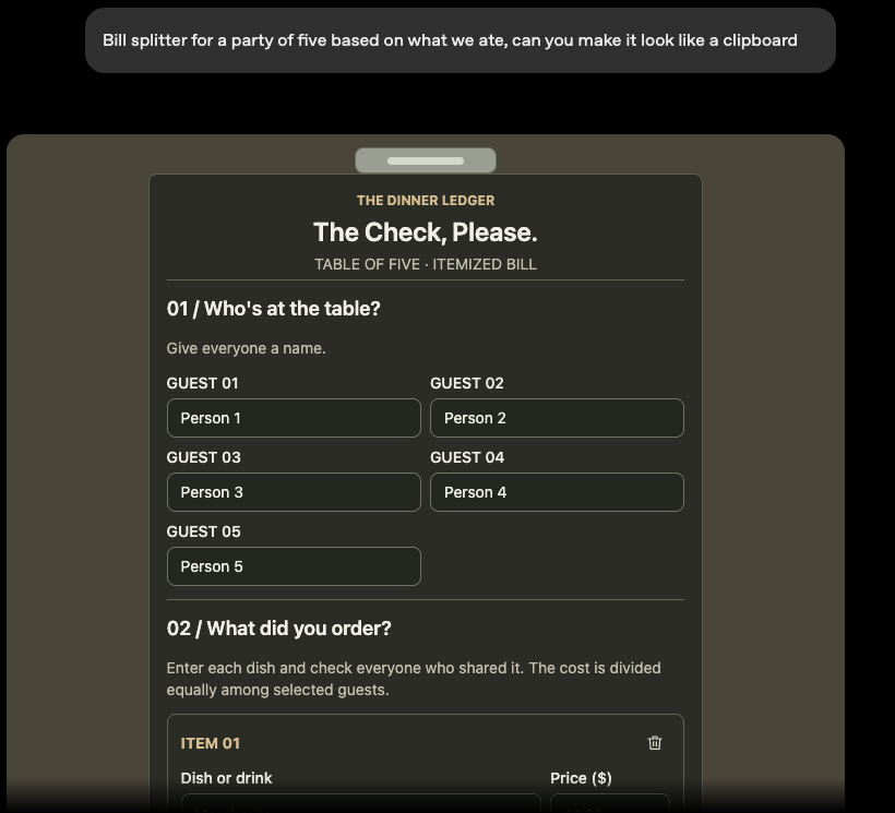 OpenAI's Intelligent UI bill splitter with editable guest and item fields inside a ChatGPT-style response