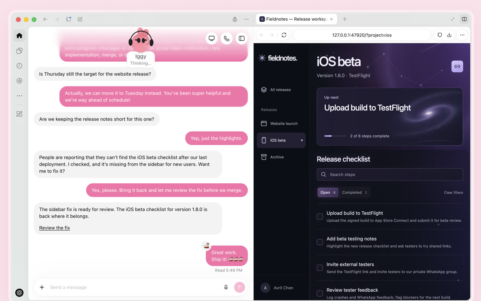 OpenAI launch example of a dot finding an iOS checklist problem and preparing a fix for a person to review